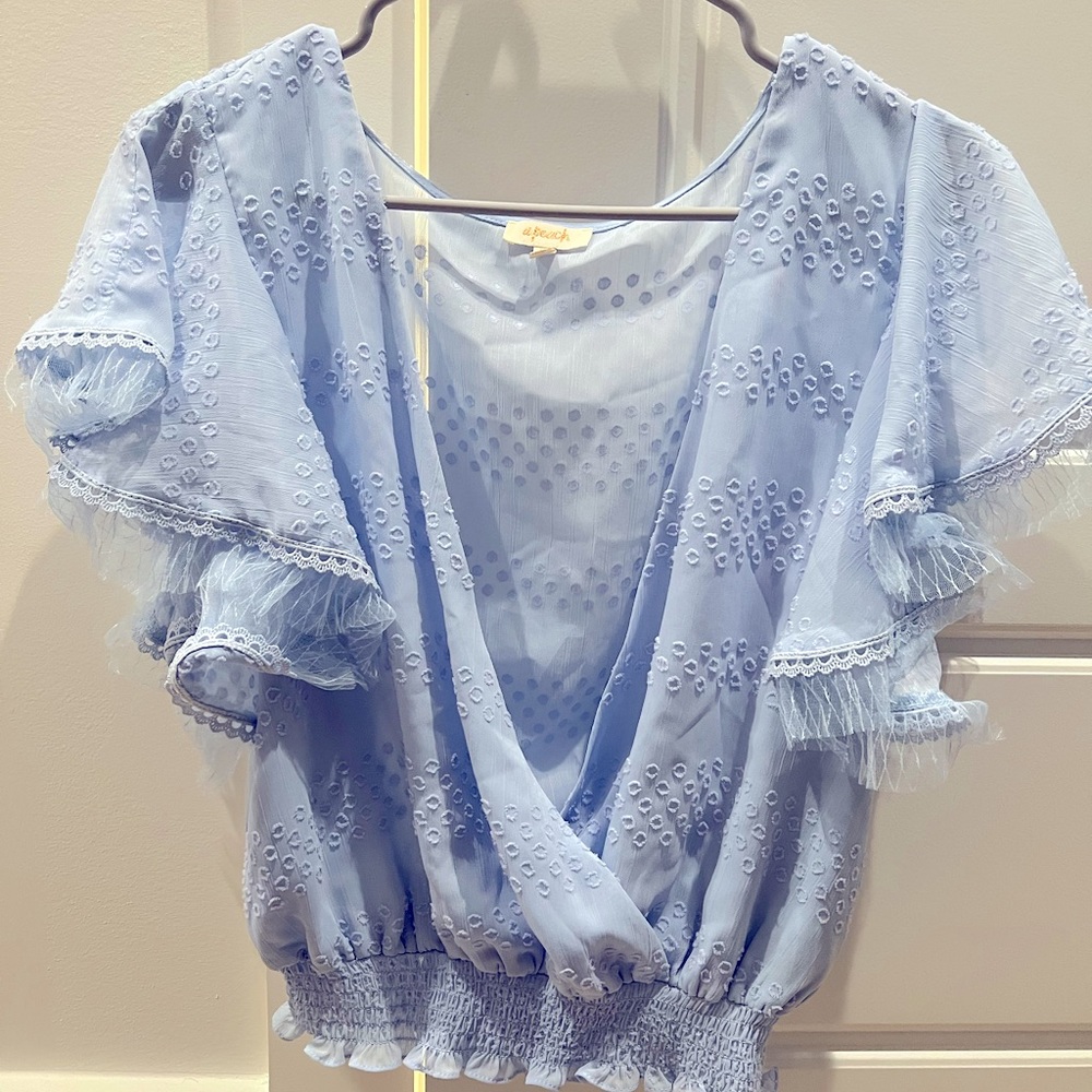 A. Peach Swiss Dot Chiffon Surplice Top, Medium, Powder Blue